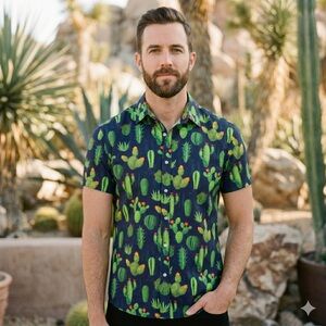 St33le Mens Jersey Short Sleeve Shirt Medium Blue Stretch Cactus Desert Cotton